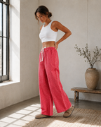 High-waisted checkered wide-leg drawstring pants with pockets