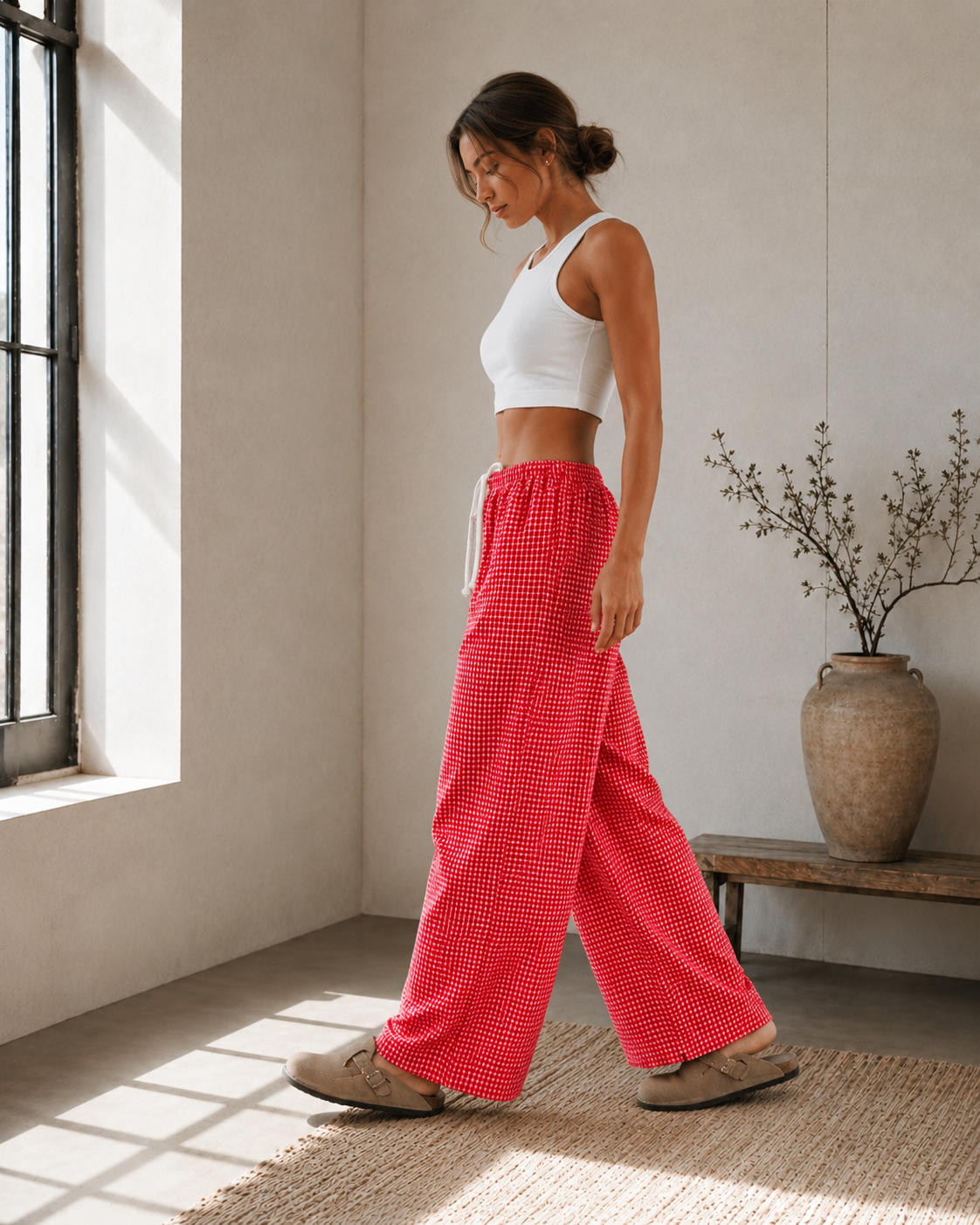 High-waisted checkered wide-leg drawstring pants with pockets