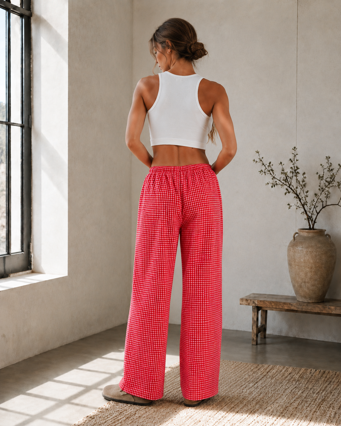 High-waisted checkered wide-leg drawstring pants with pockets