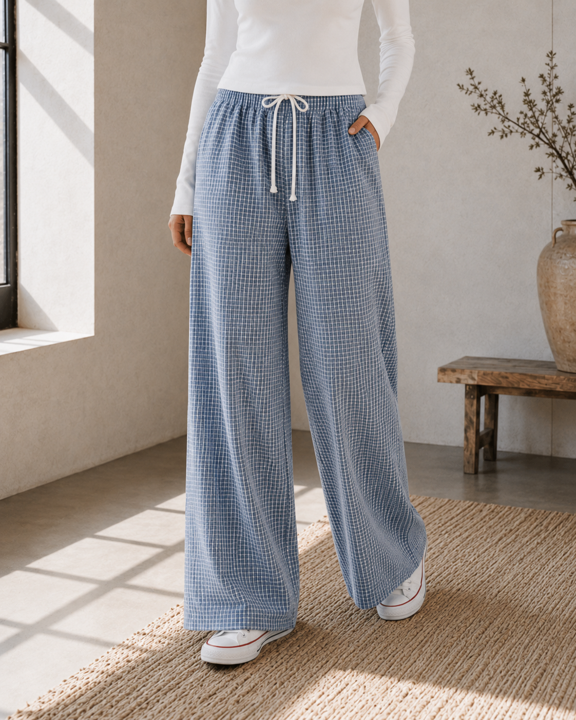High-waisted checkered wide-leg drawstring pants with pockets