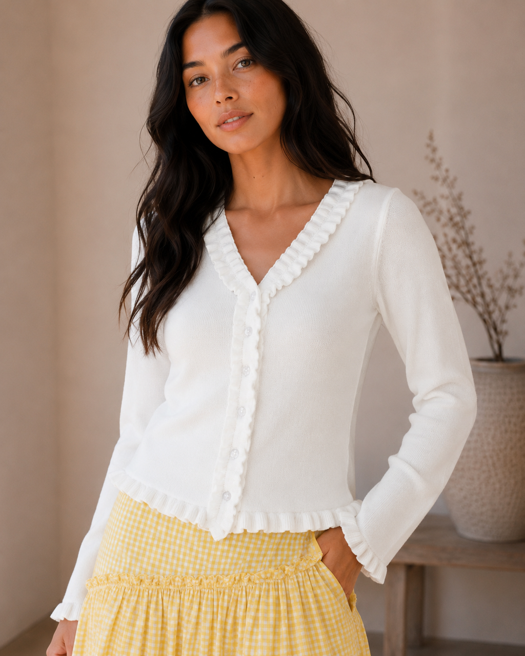 Ivory Ruffle Trim Button Cardigan