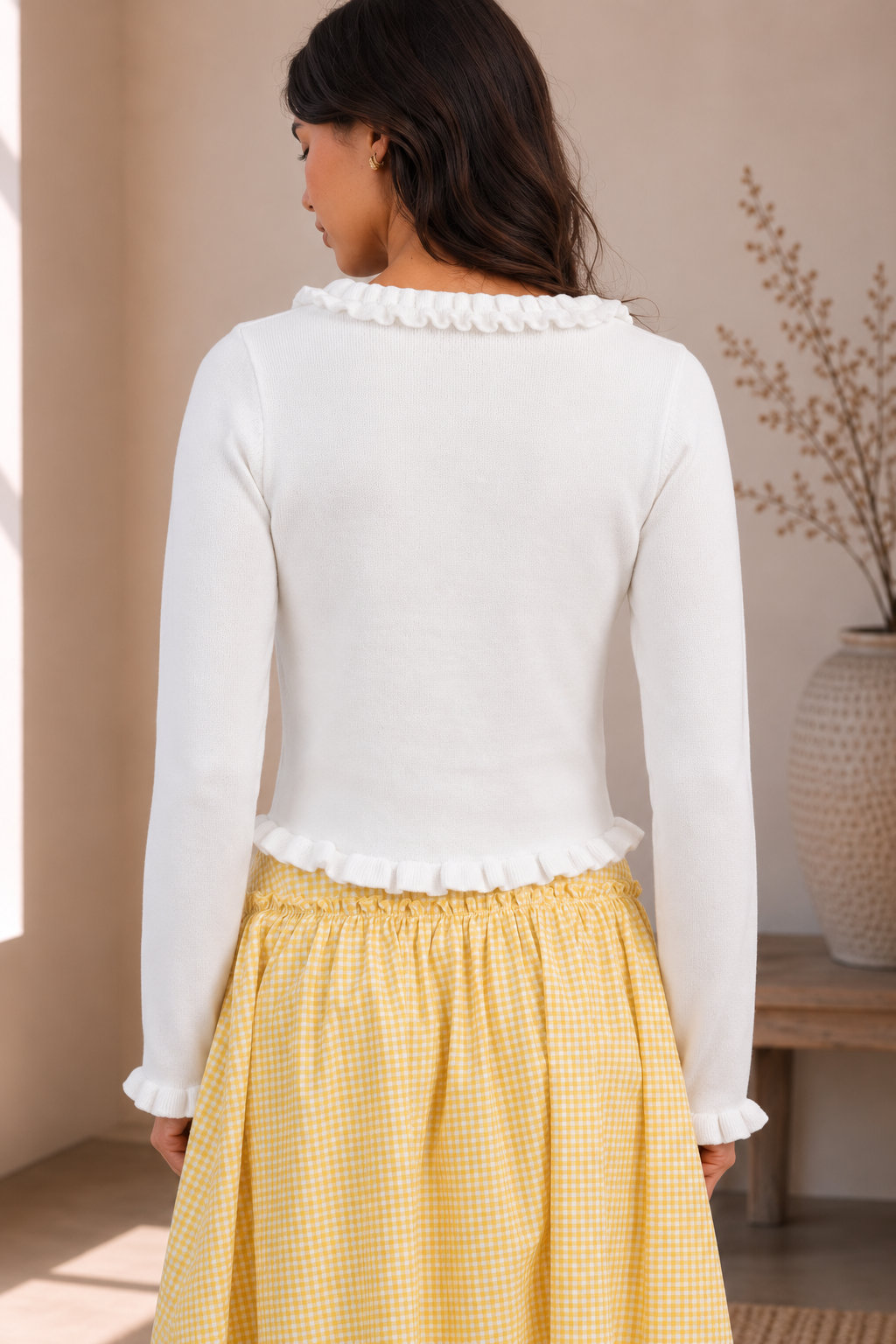 Ivory Ruffle Trim Button Cardigan