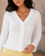 Ivory Ruffle Trim Button Cardigan