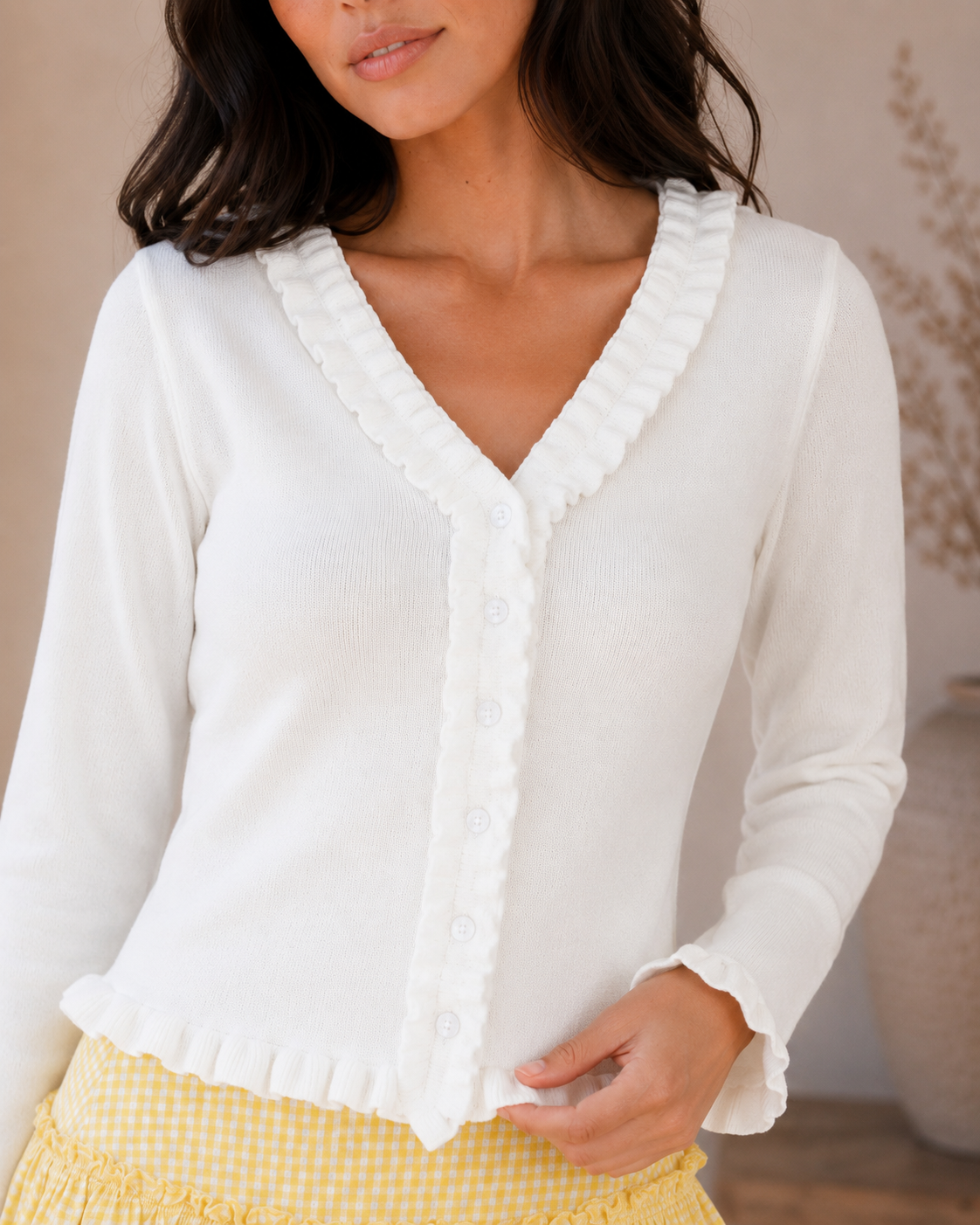 Ivory Ruffle Trim Button Cardigan