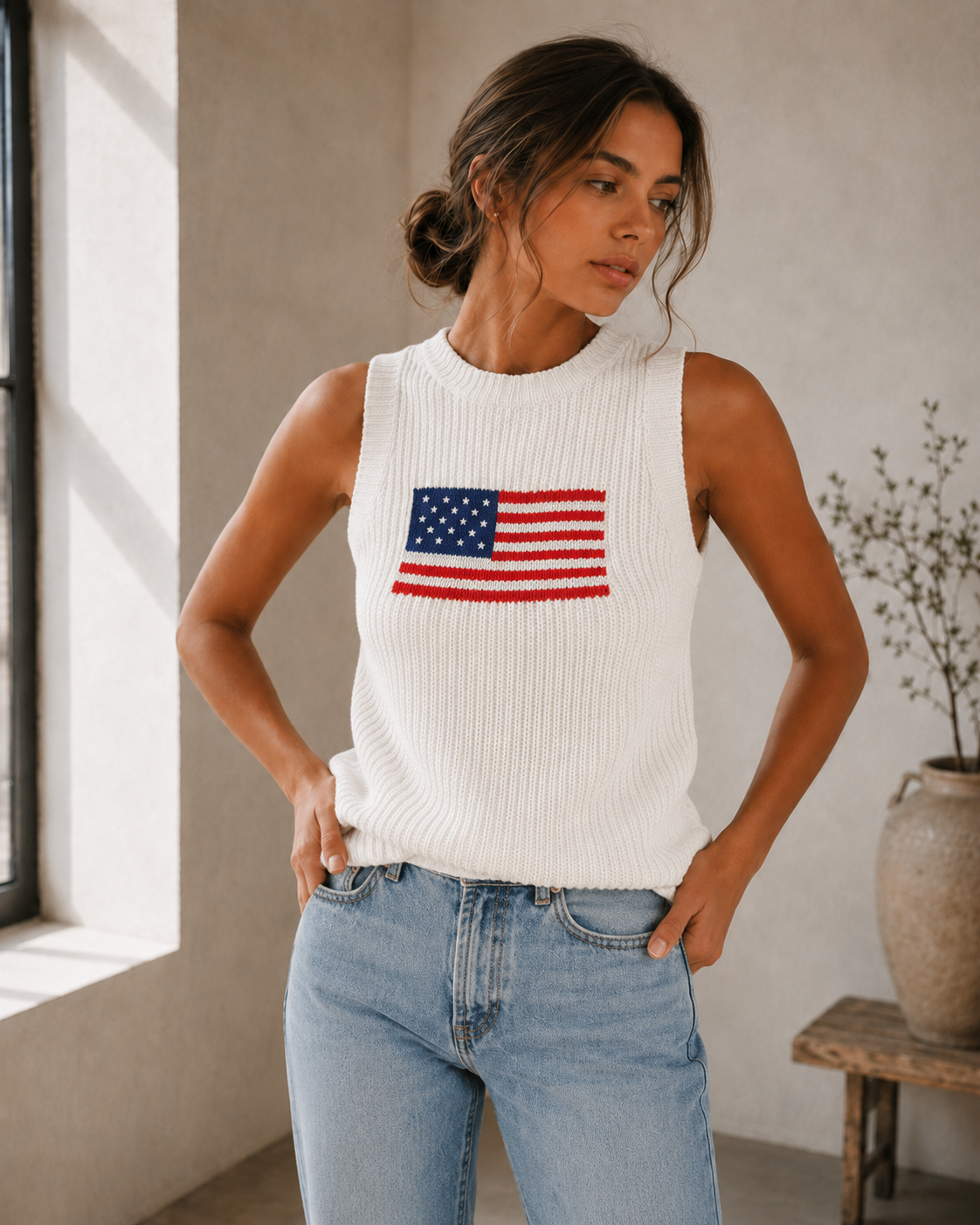 Navy American flag chunky ribbed-knit cropped sweater tank top