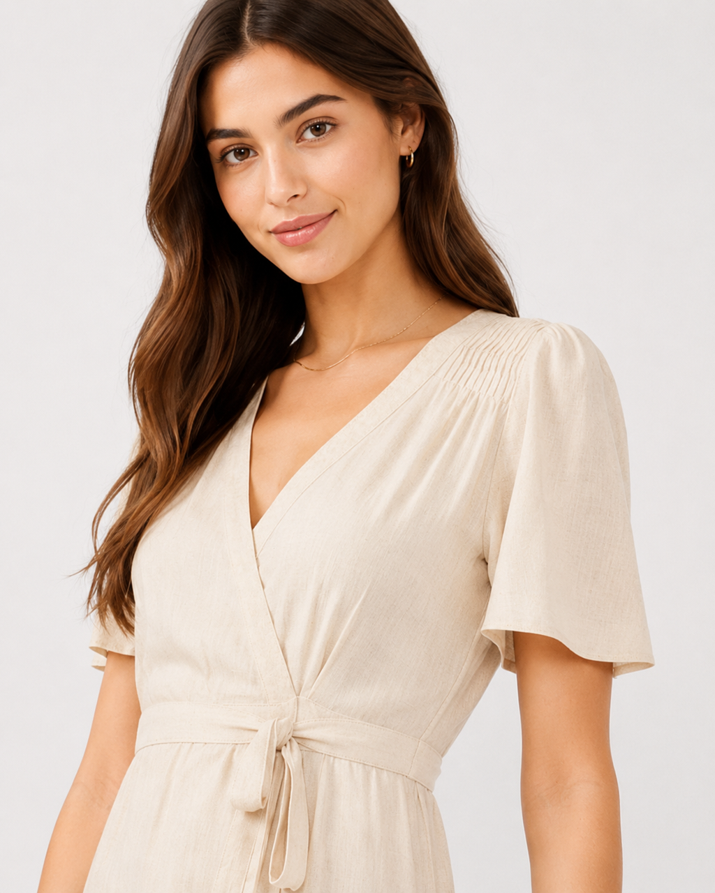 Ivory viscose-linen embroidered modest maxi dress with a faux-wrap waist tie