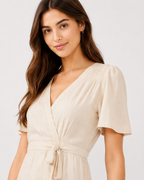 Ivory viscose-linen embroidered modest maxi dress with a faux-wrap waist tie