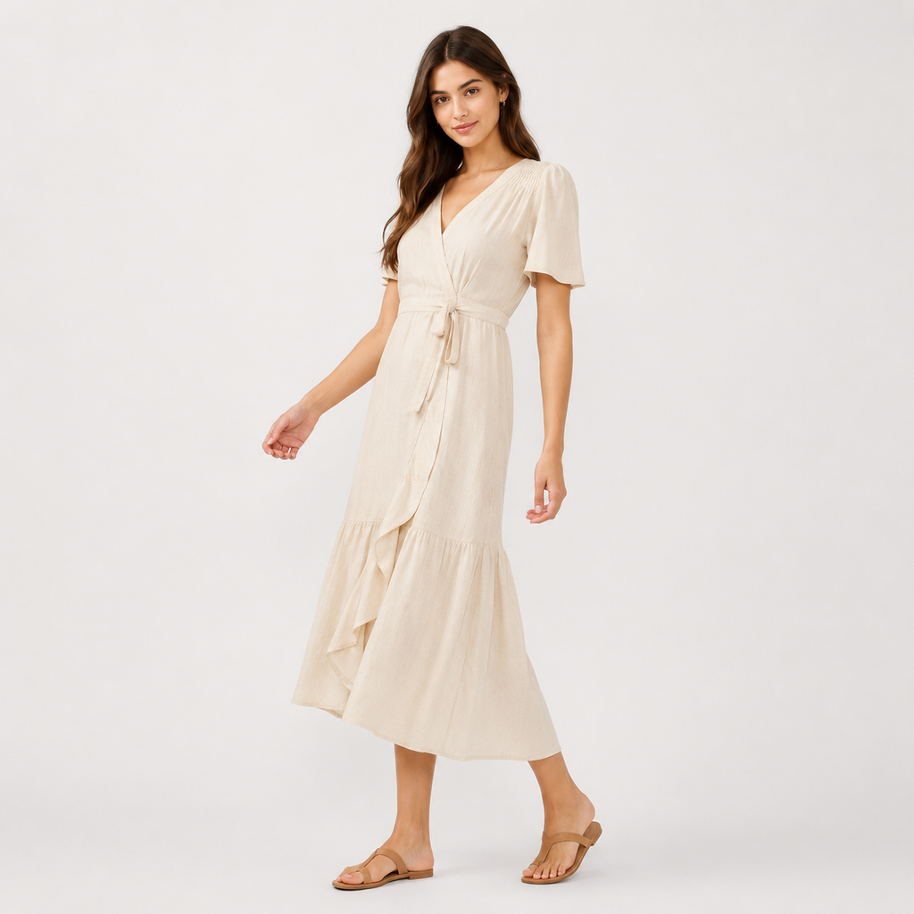 Ivory viscose-linen embroidered modest maxi dress with a faux-wrap waist tie