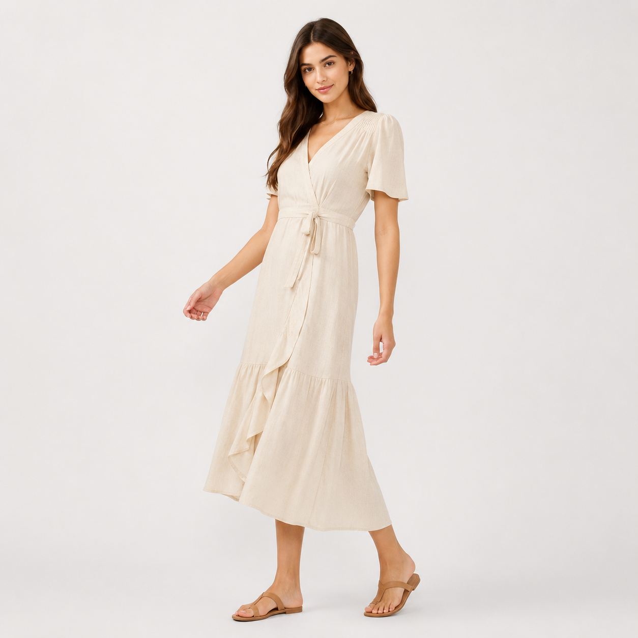 Ivory viscose-linen embroidered modest maxi dress with a faux-wrap waist tie