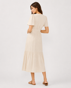 Ivory viscose-linen embroidered modest maxi dress with a faux-wrap waist tie
