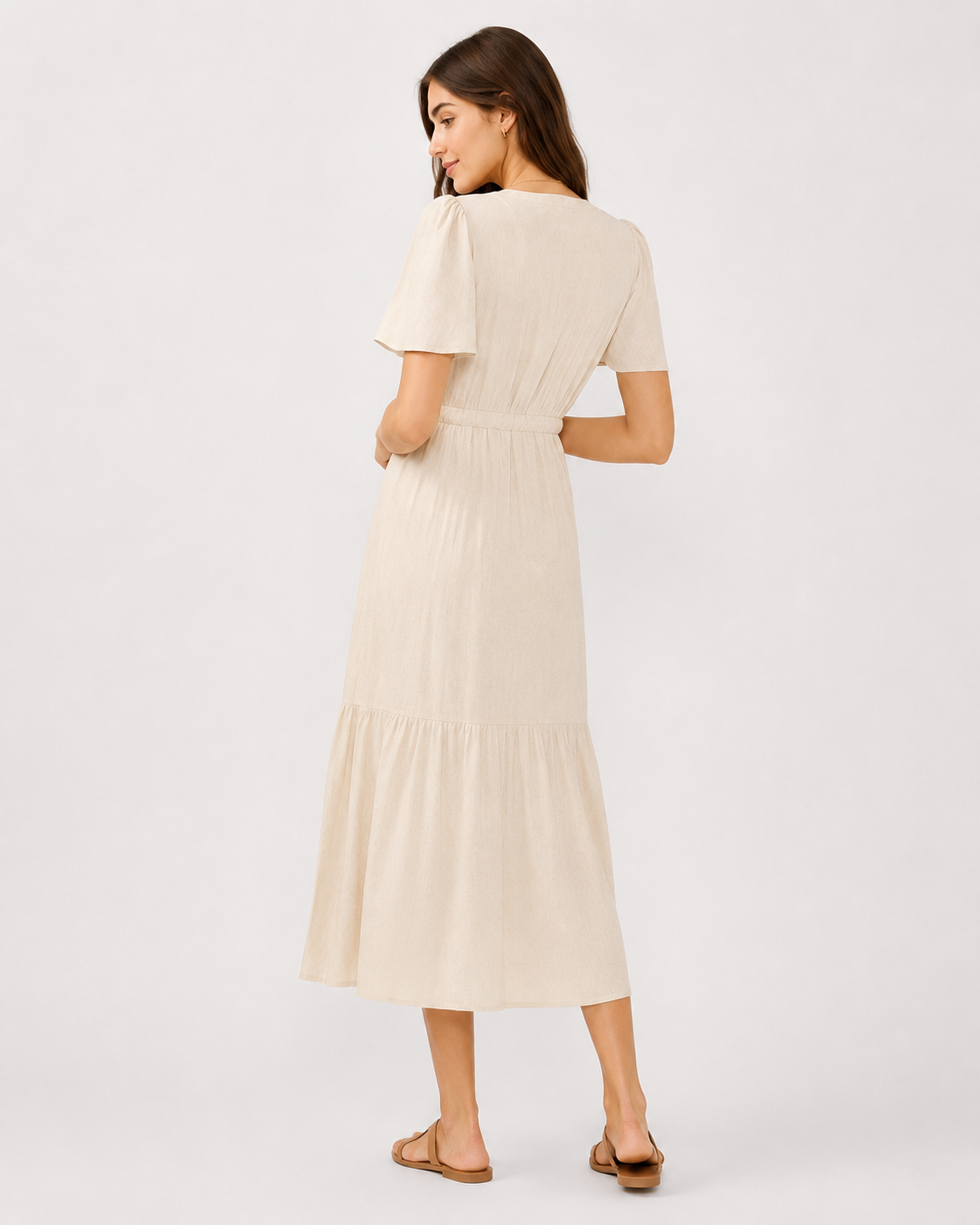 Ivory viscose-linen embroidered modest maxi dress with a faux-wrap waist tie