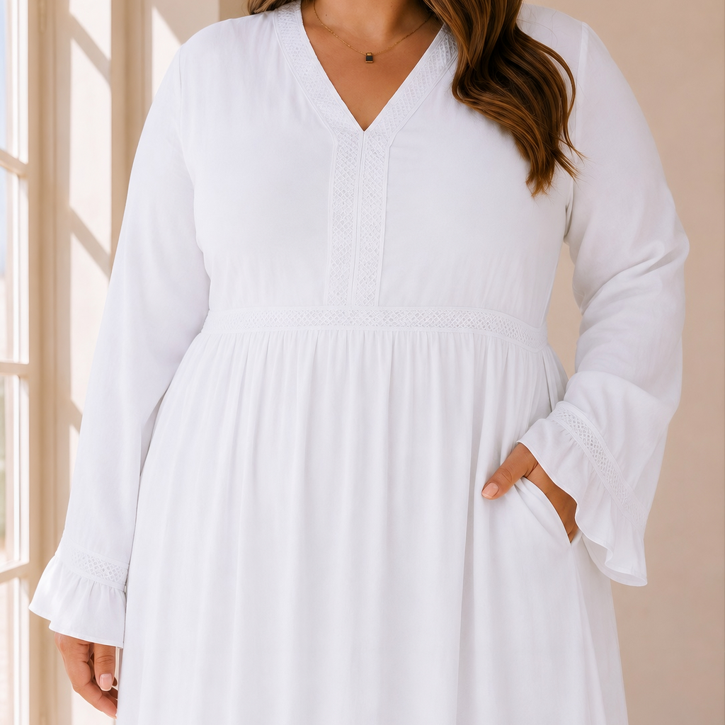 The Jordan River | V-Neck Lace-Trim LDS Temple Dress with Pockets