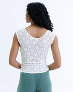 White lace scoop-neck cap-sleeve tee with a fitted silhouette