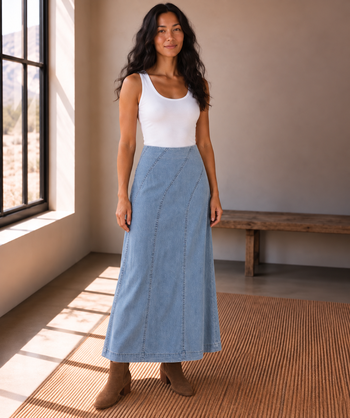 Light wash denim A line midi skirt side view showing A line drape and seam detail