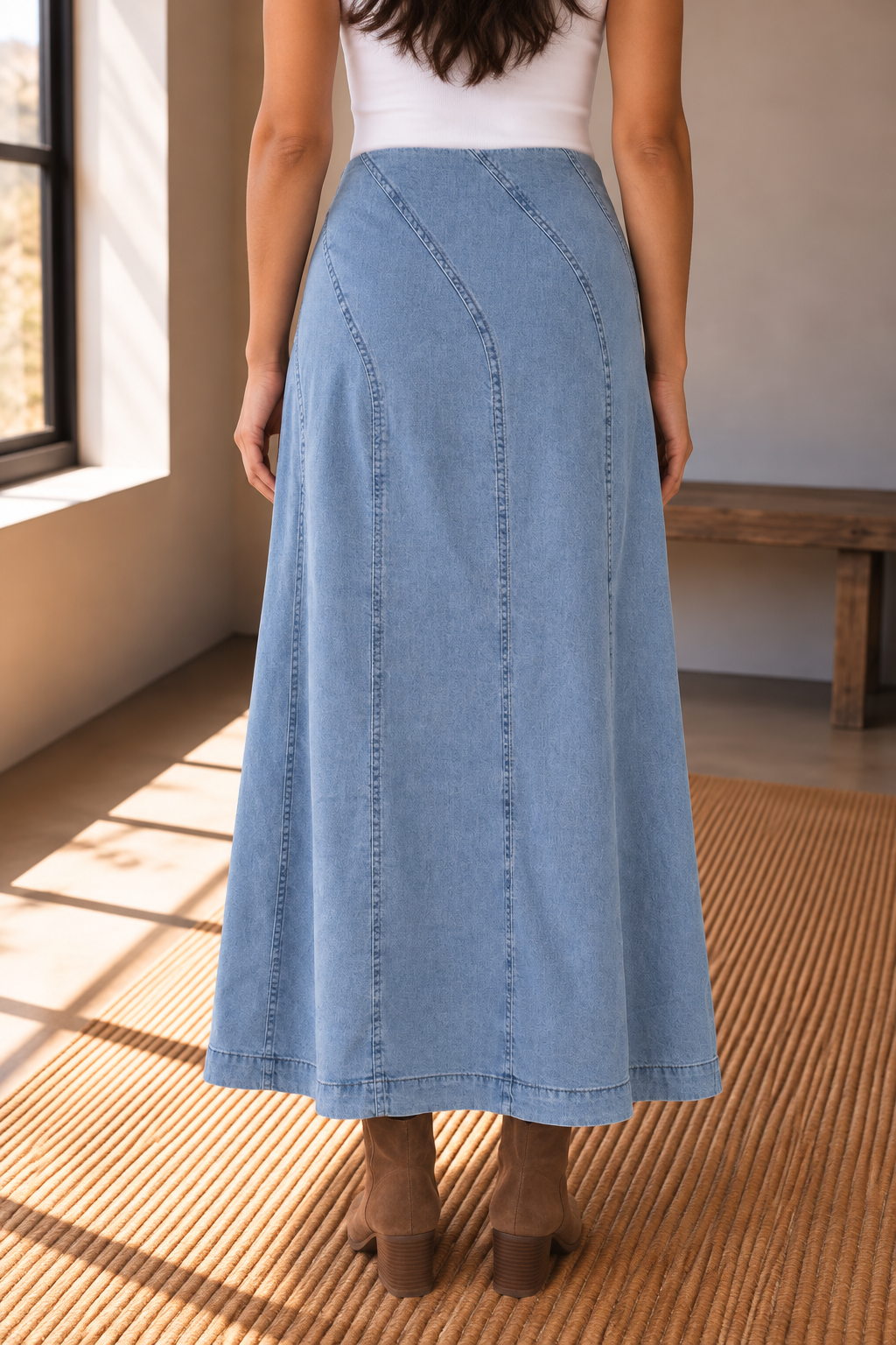 Light wash denim A line midi skirt close up showing diagonal seam detail