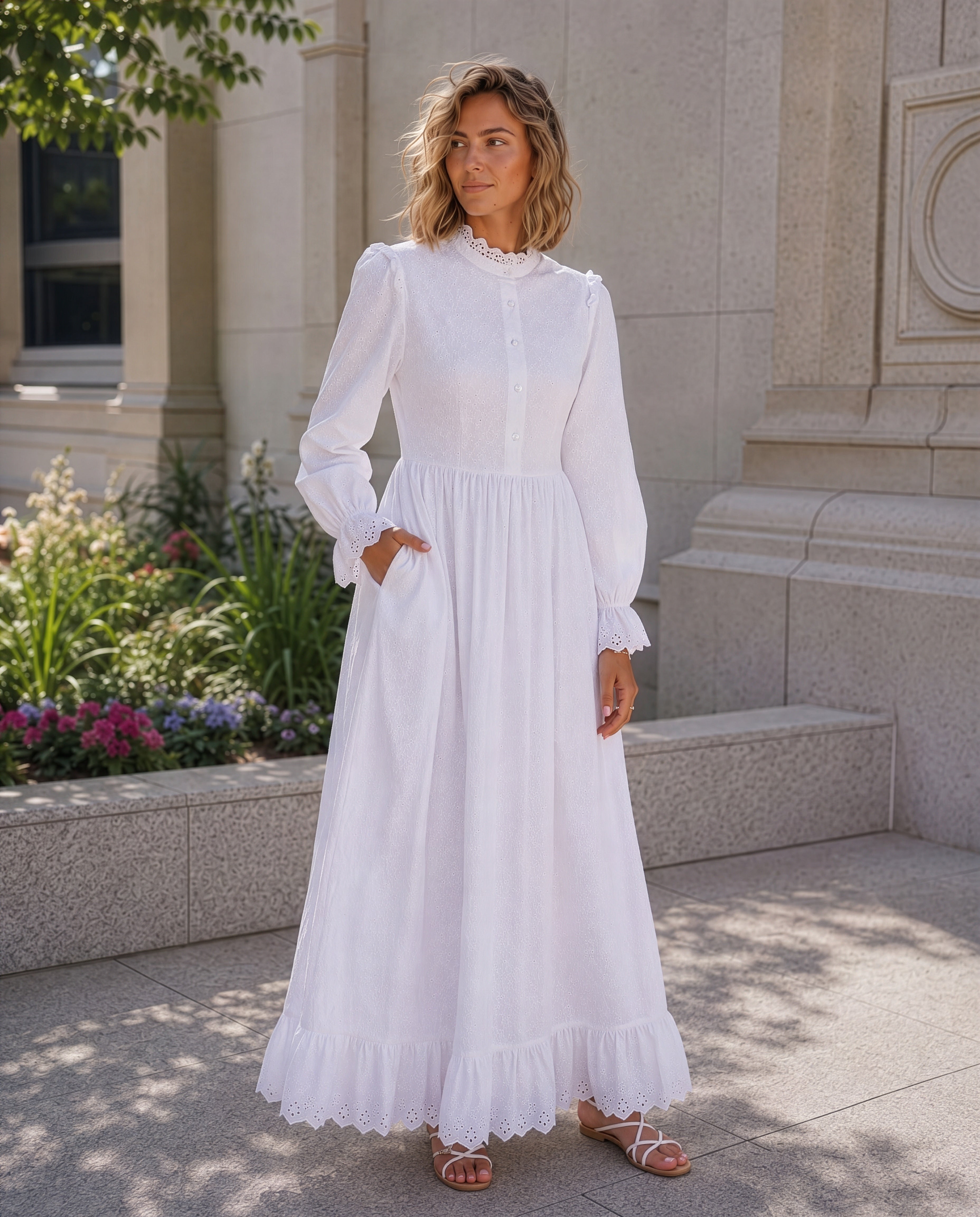 The Logan | Eyelet Ruffle LDS Temple Dress | ZMCI