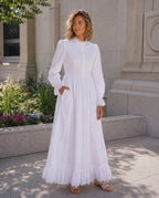 The Logan LDS temple dress — high-neck eyelet ruffle white maxi