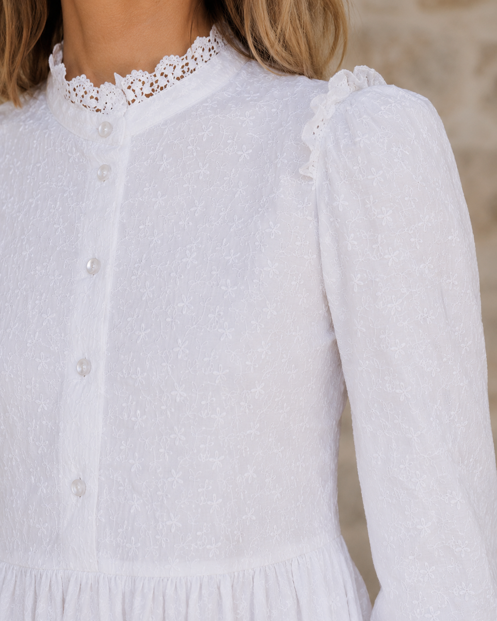 The Logan LDS temple dress — button-front bodice close-up