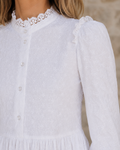 The Logan LDS temple dress — button-front bodice close-up
