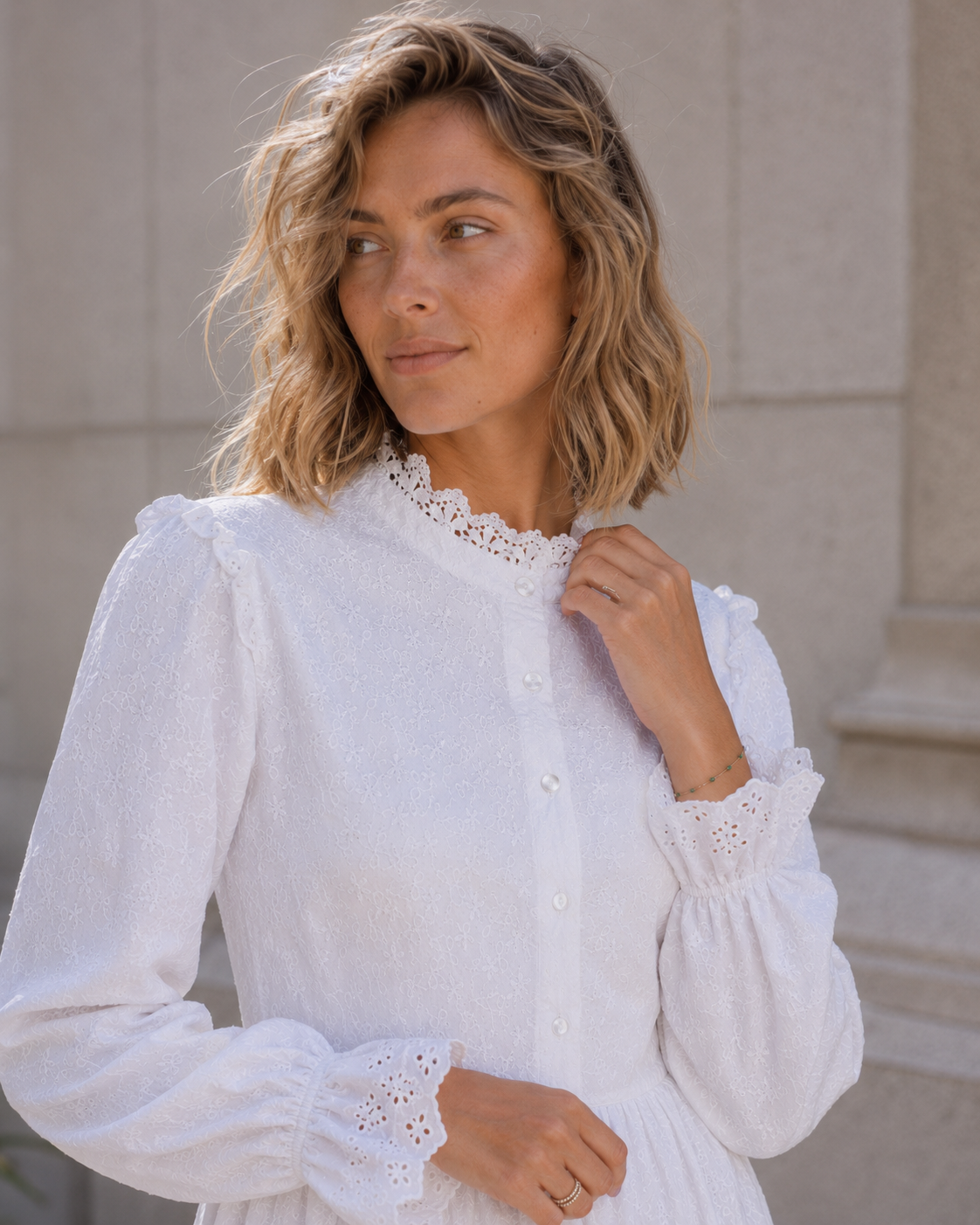 The Logan LDS temple dress — eyelet trim and ruffle neckline detail