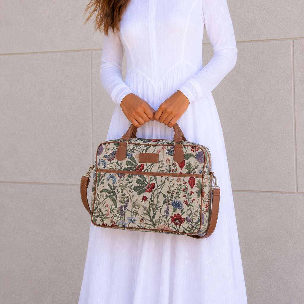 Morning Garden structured floral temple bag with multiple compartments