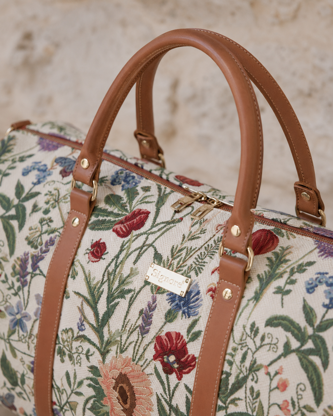 Morning Garden floral temple duffle bag with faux-leather handles and a removable strap