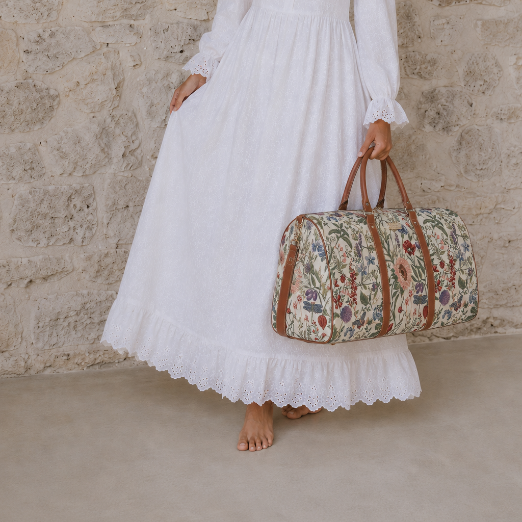 Morning Garden floral temple duffle bag with faux-leather handles and a removable strap