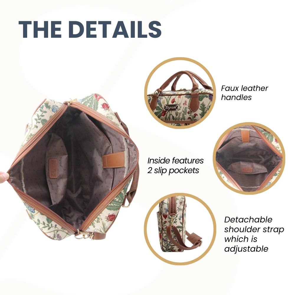 Morning Garden floral temple duffle bag with faux-leather handles and a removable strap