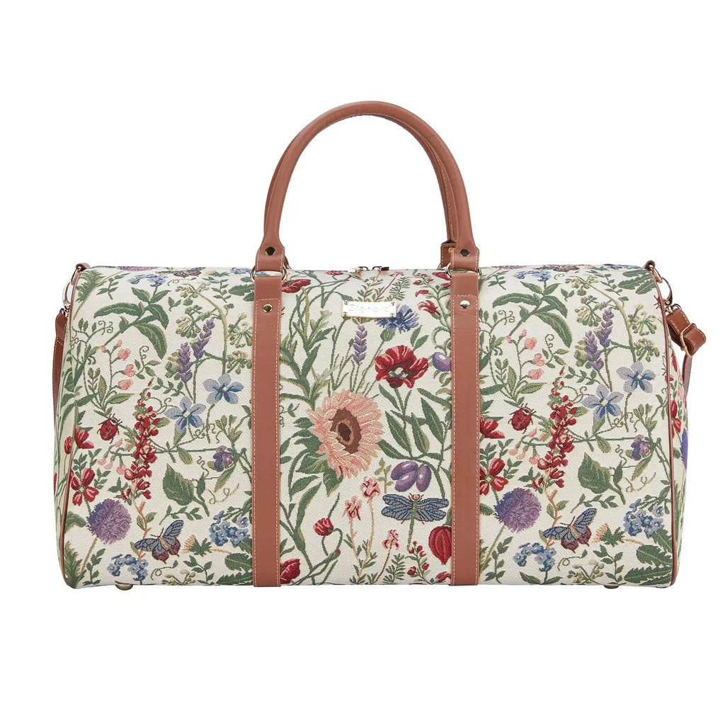 Morning Garden floral temple duffle bag with faux-leather handles and a removable strap