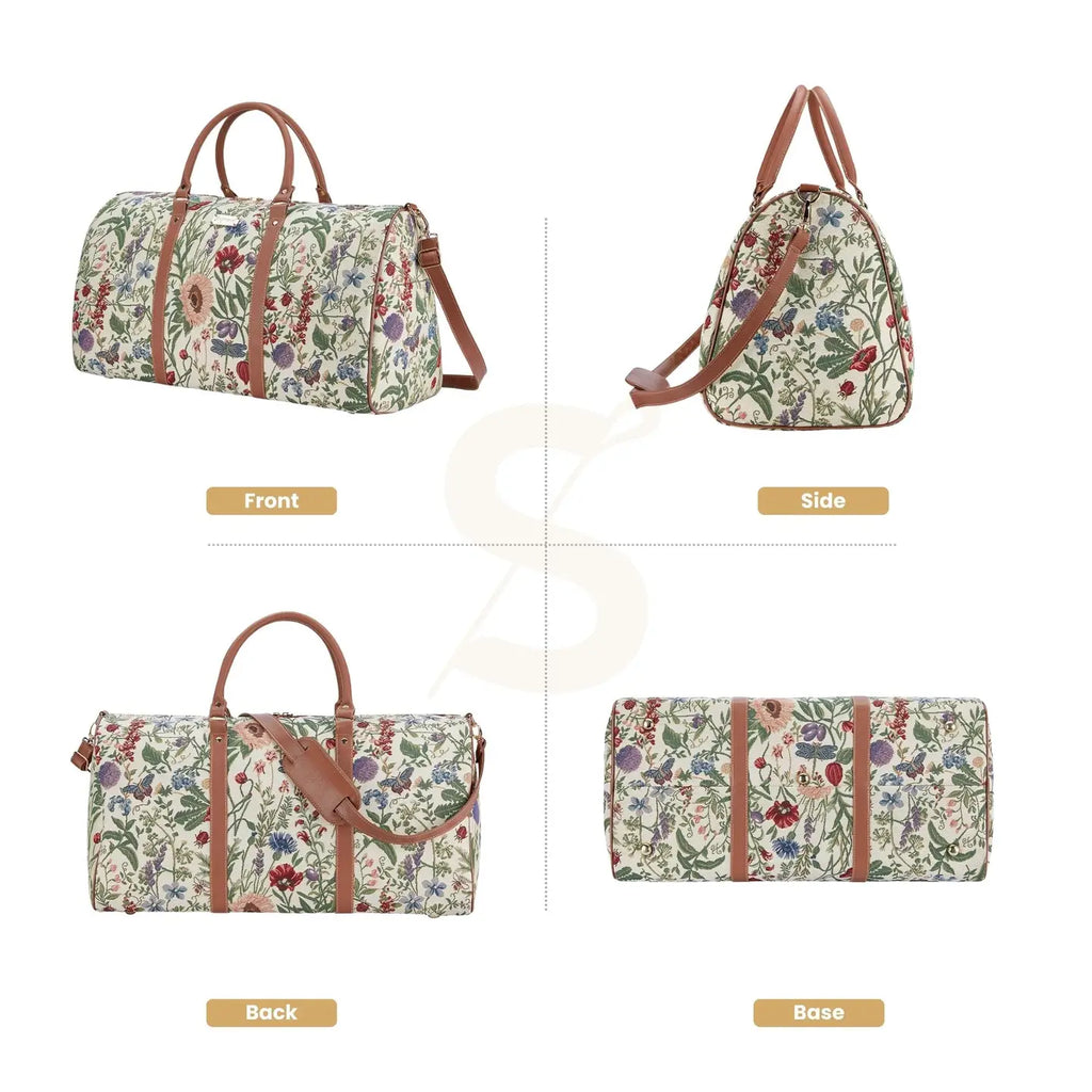 Morning Garden floral temple duffle bag with faux-leather handles and a removable strap
