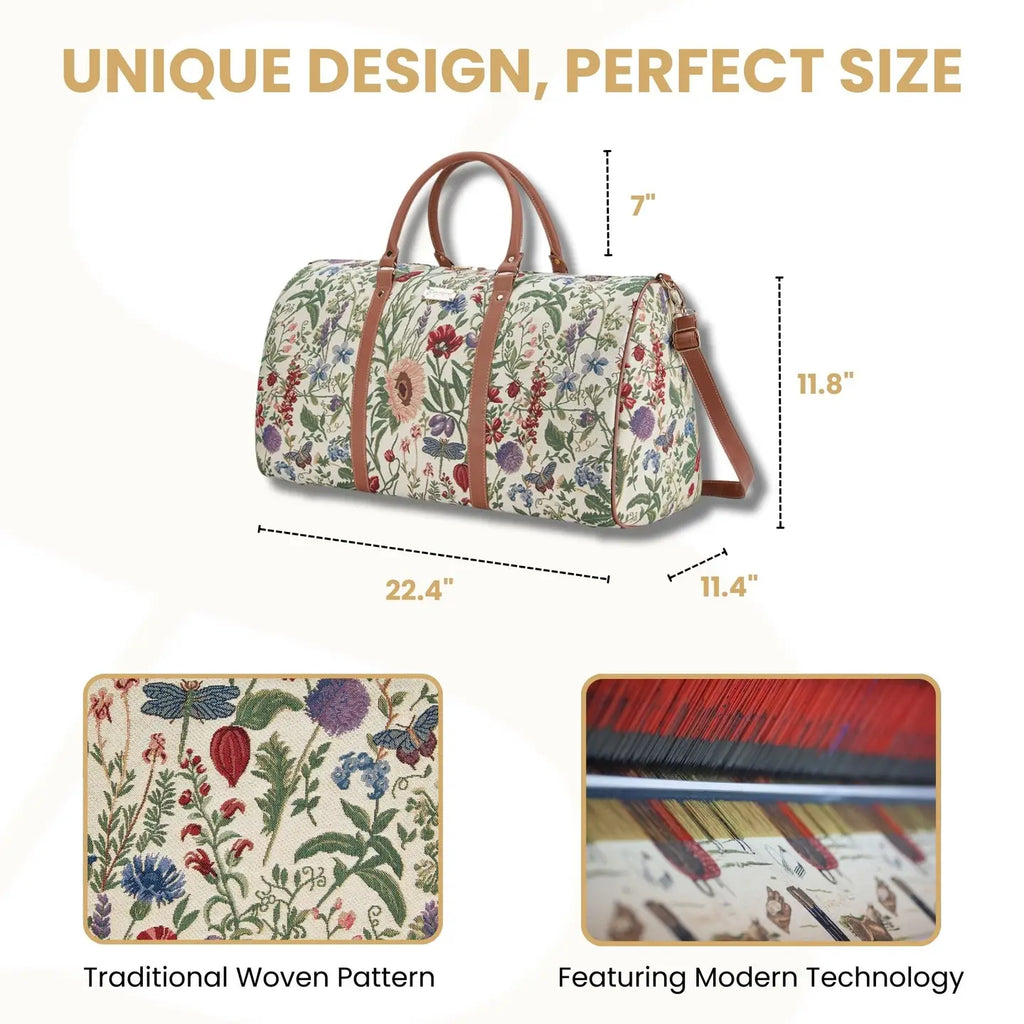 Morning Garden floral temple duffle bag with faux-leather handles and a removable strap