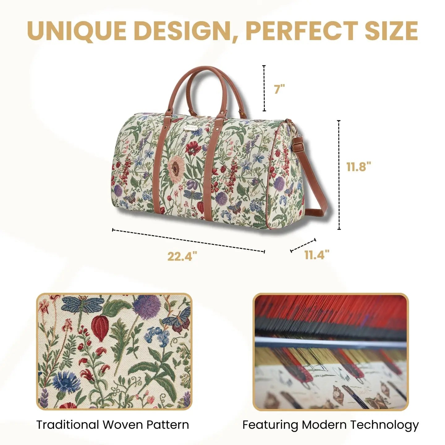 Morning Garden floral temple duffle bag with faux-leather handles and a removable strap