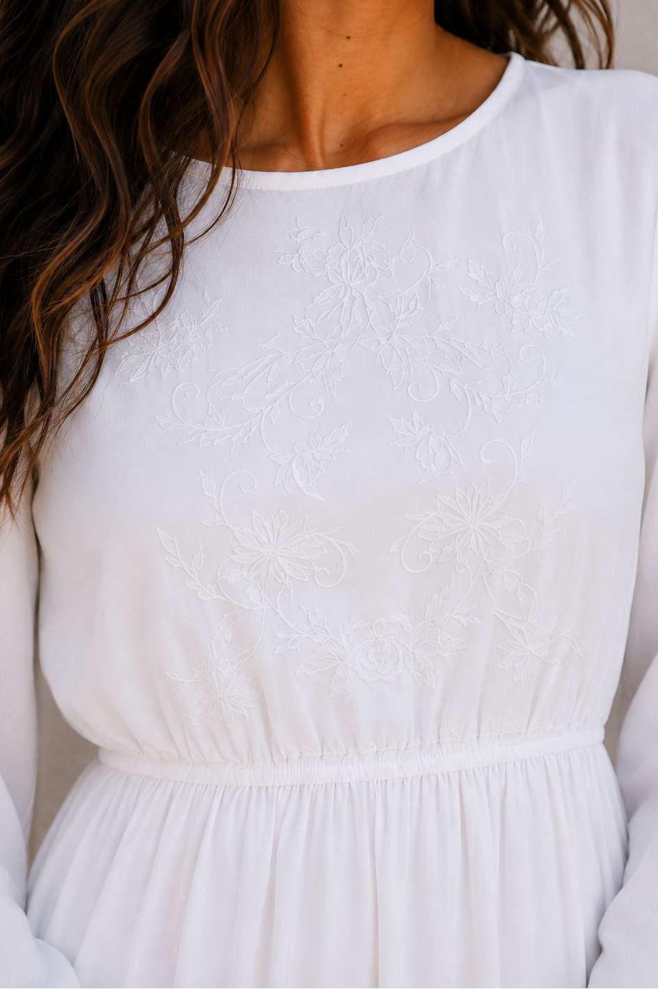 The Payson | Floral Embroidered LDS Temple Dress with Sheer Bishop Sleeves
