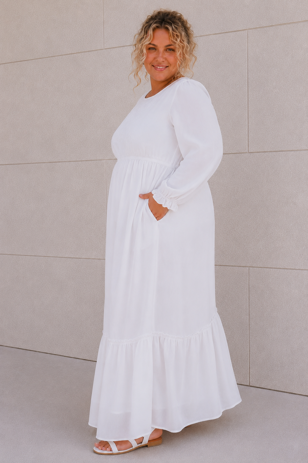 The Payson | Floral Embroidered LDS Temple Dress with Sheer Bishop Sleeves