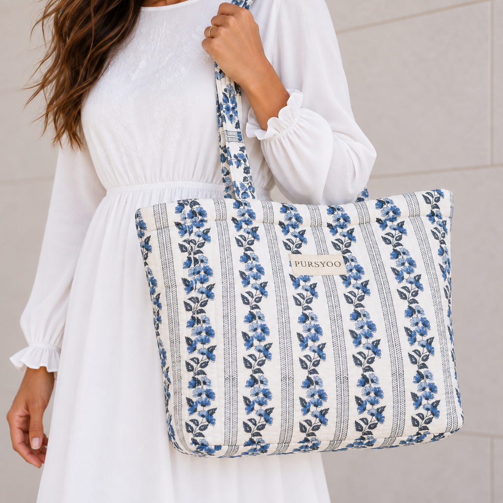 Quilted Temple Tote Bag – Blue Floral