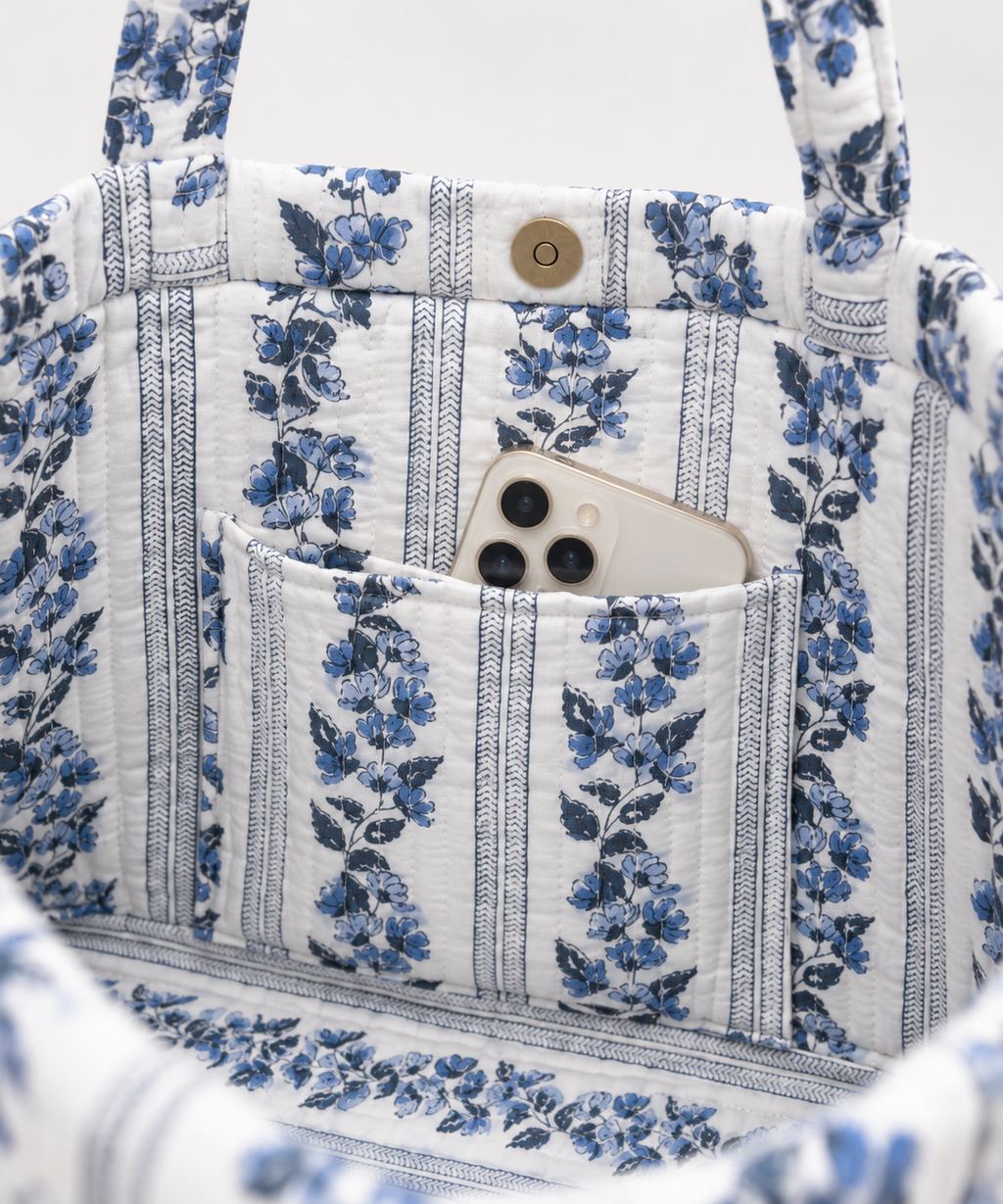 Quilted Temple Tote Bag – Blue Floral