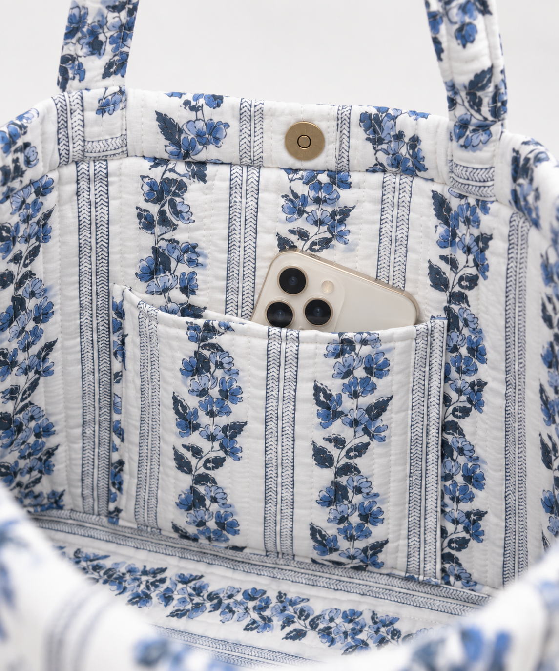 Quilted Temple Tote Bag – Blue Floral