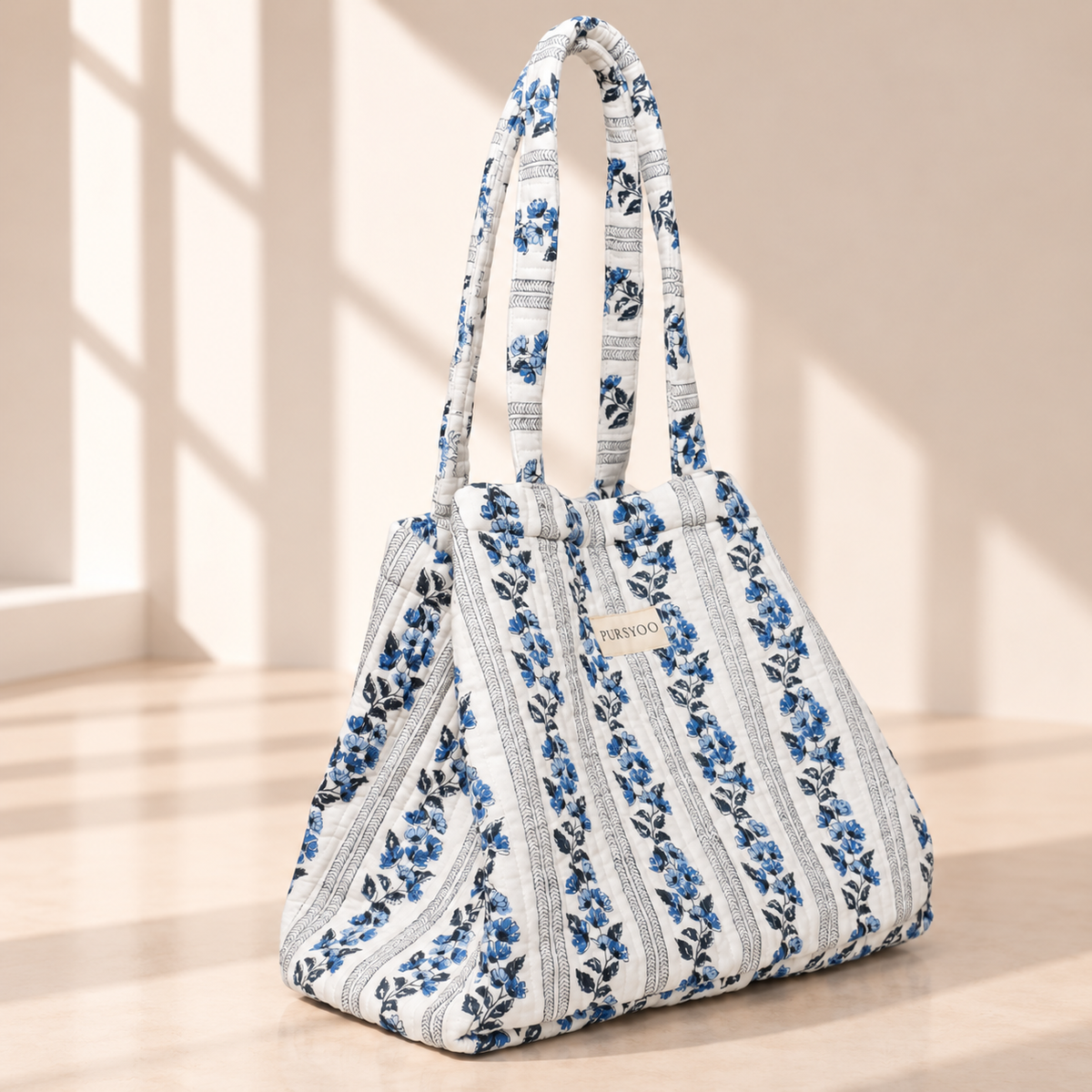 Quilted Temple Tote Bag – Blue Floral