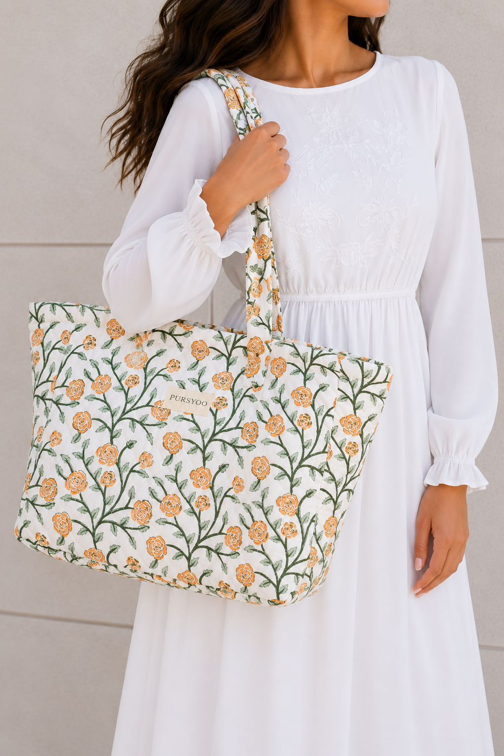 Quilted Temple Tote Bag – Peach Rose