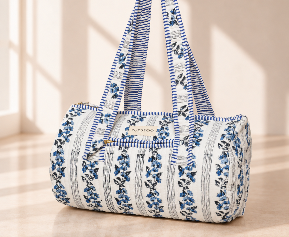 Small Quilted Temple Duffel Bag – Blue Floral