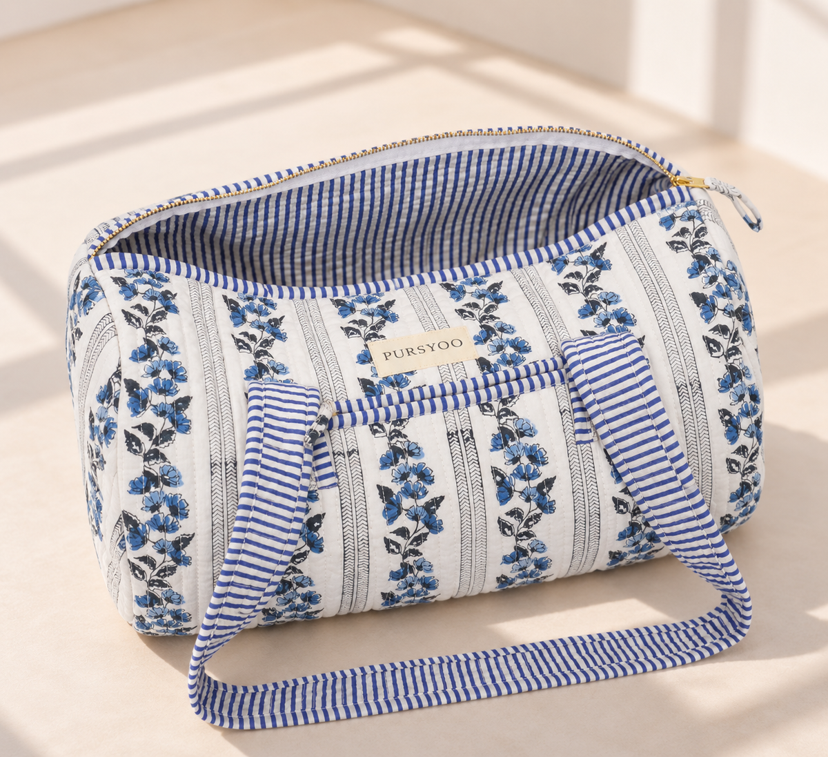 Small Quilted Temple Duffel Bag – Blue Floral