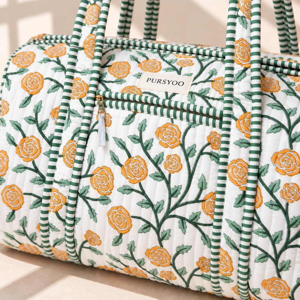 Small Orange Rosevine Quilted Temple Duffel