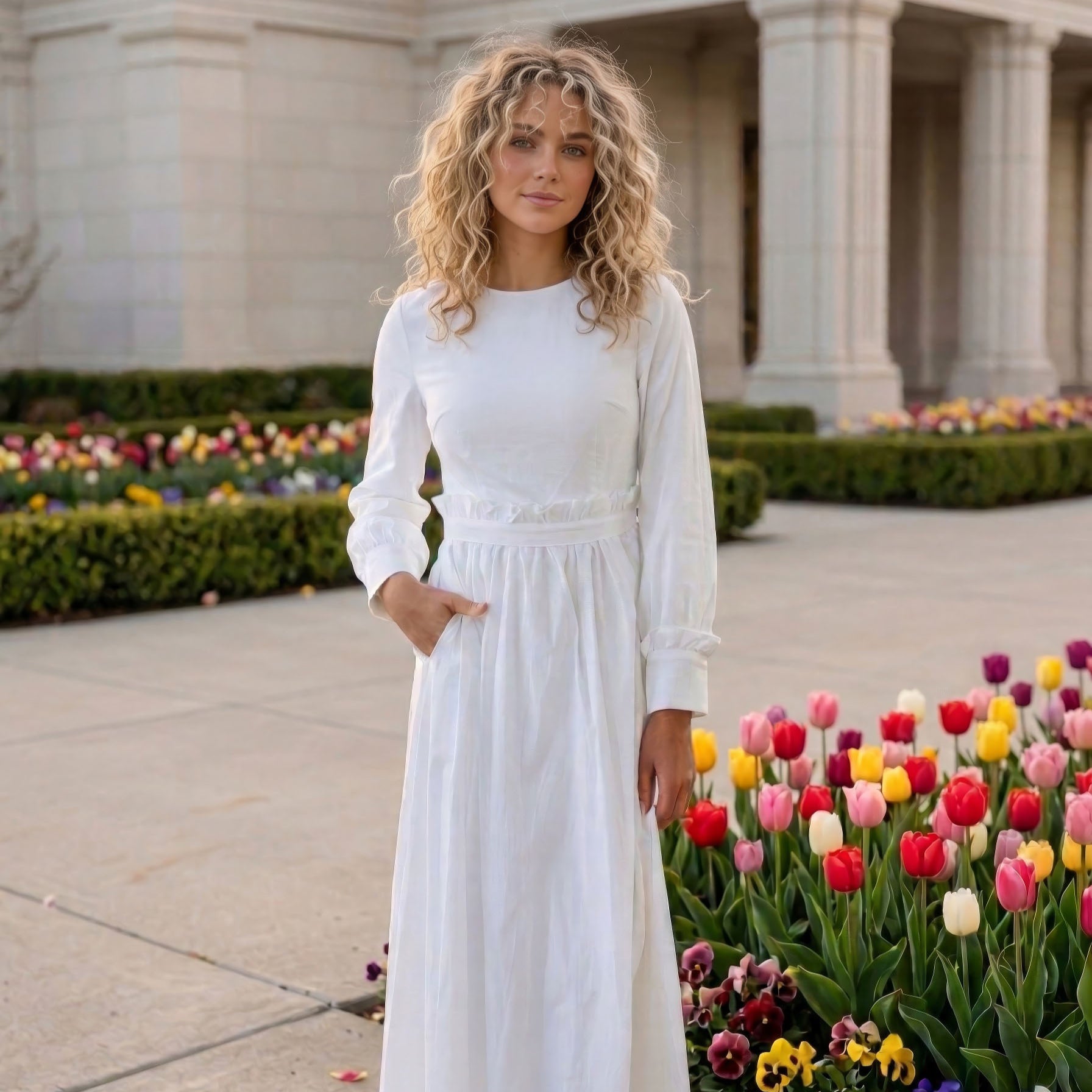 The St. George — classic ruffle-waist LDS temple dress in cotton blend
