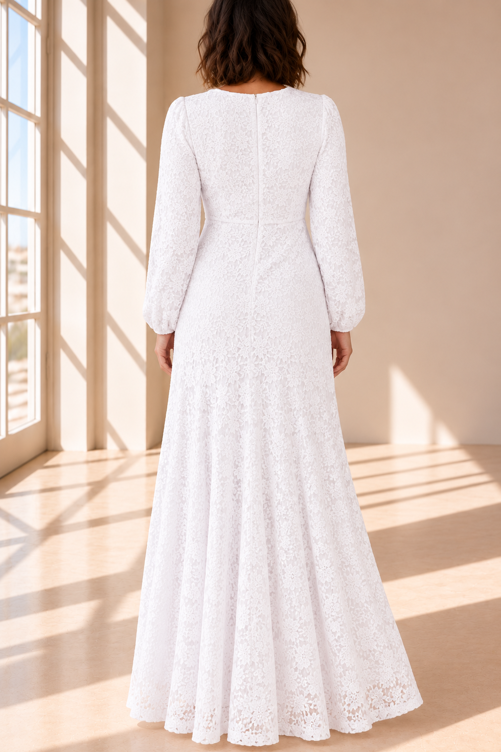 Back view of Draper Petite white floral lace LDS temple dress showing the dress silhouette