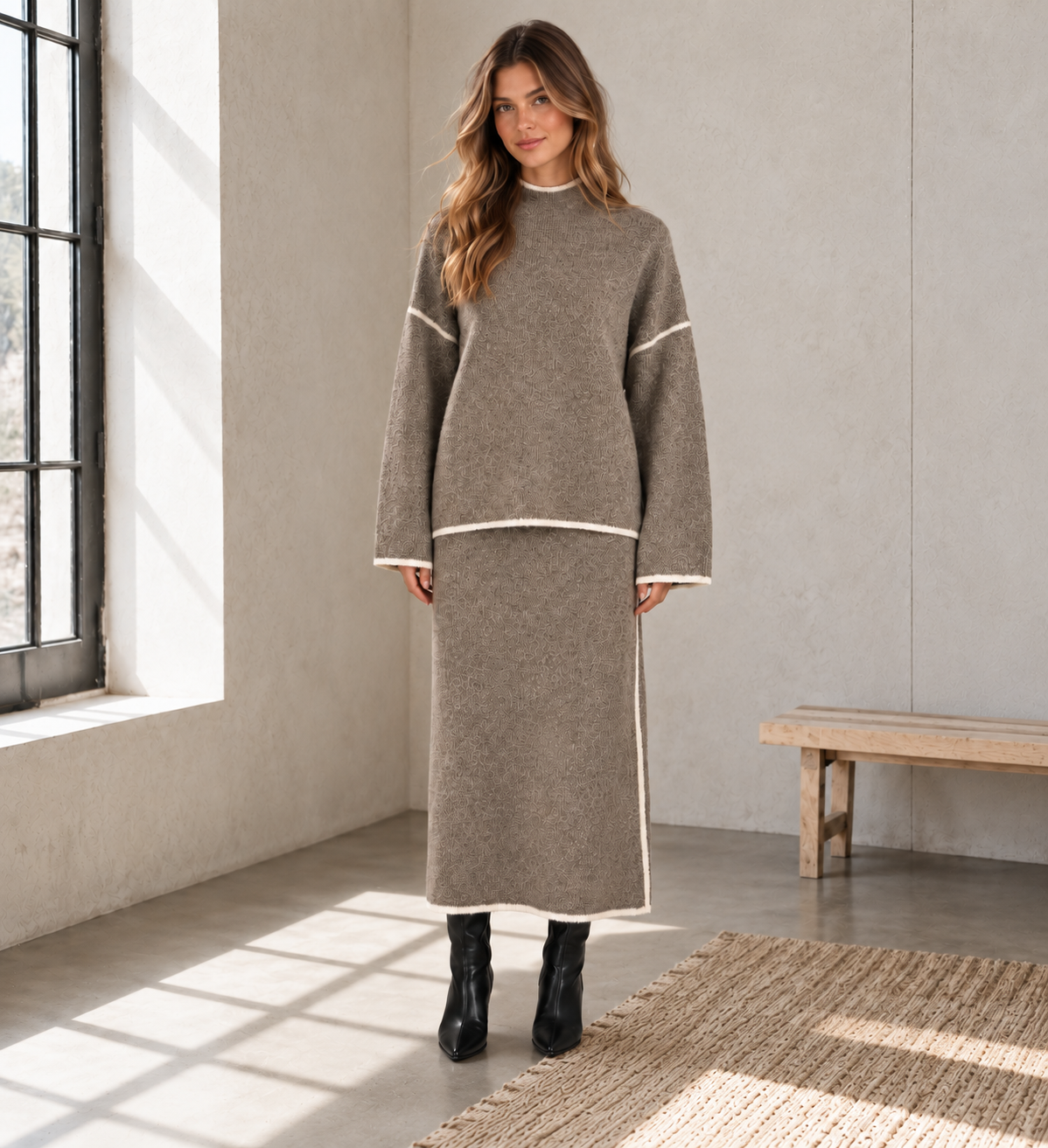 Taupe Contrast Trim Knit Sweater & Maxi Skirt Set