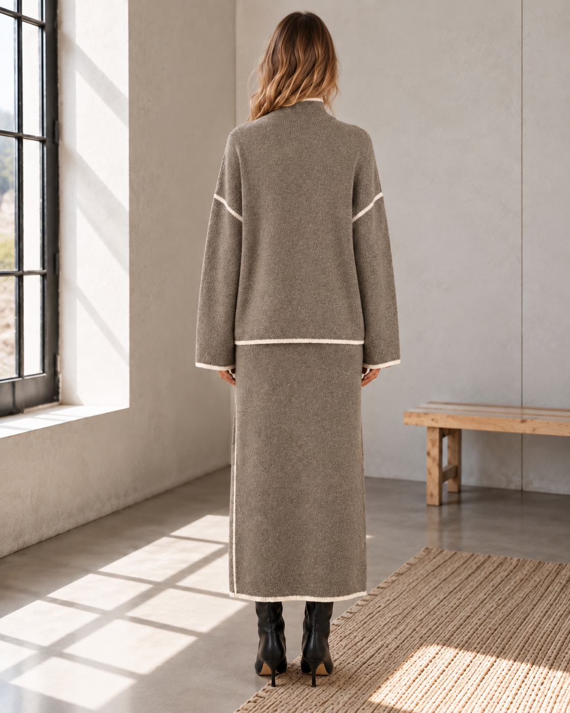 Taupe Contrast Trim Knit Sweater & Maxi Skirt Set
