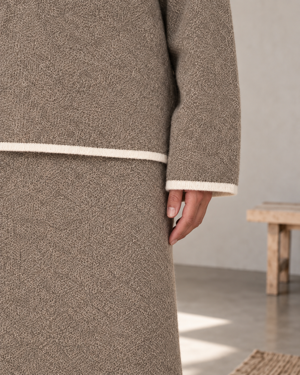 Taupe Contrast Trim Knit Sweater & Maxi Skirt Set