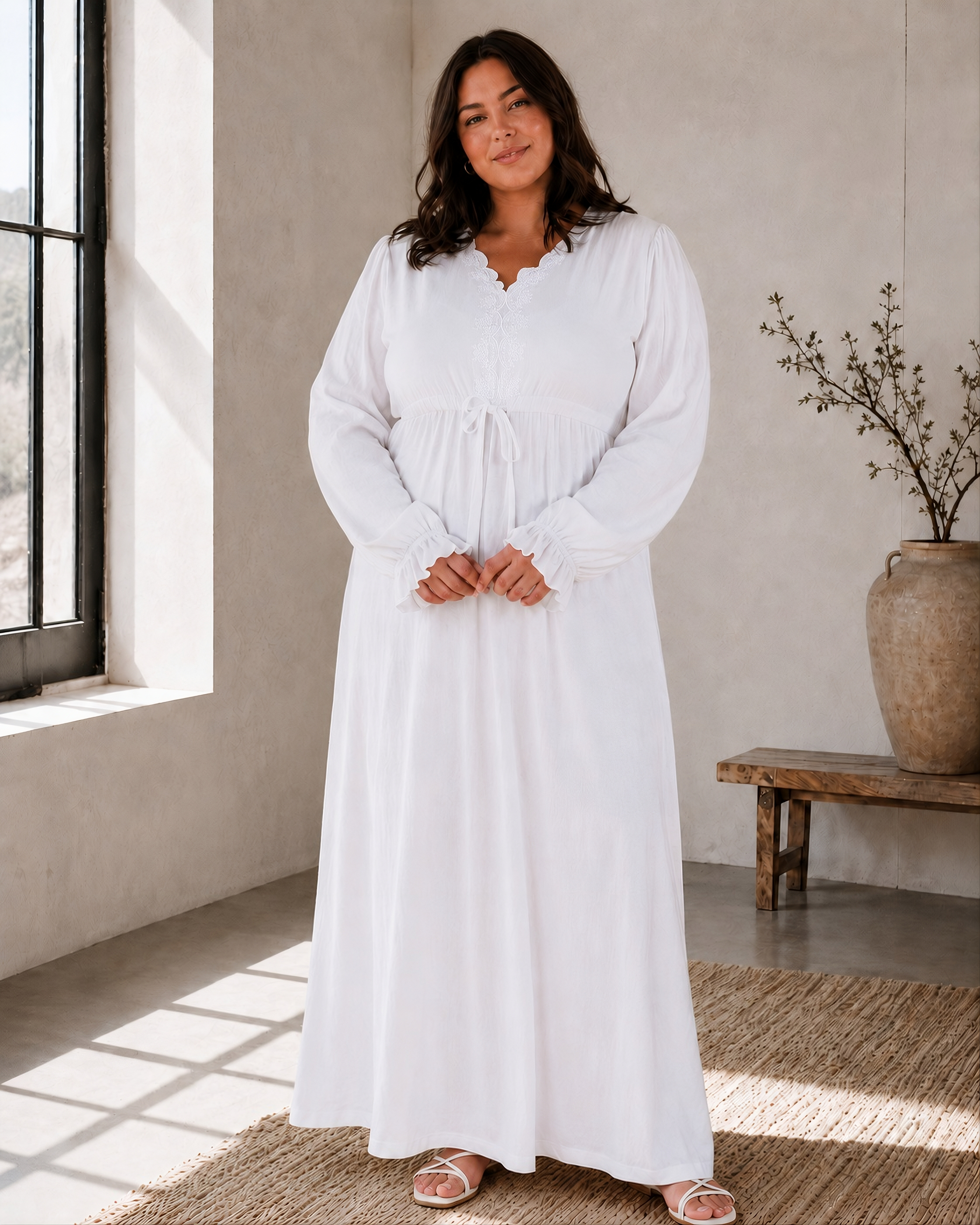 The Columbia River | Scalloped V-Neck Long Sleeve LDS Temple Dress