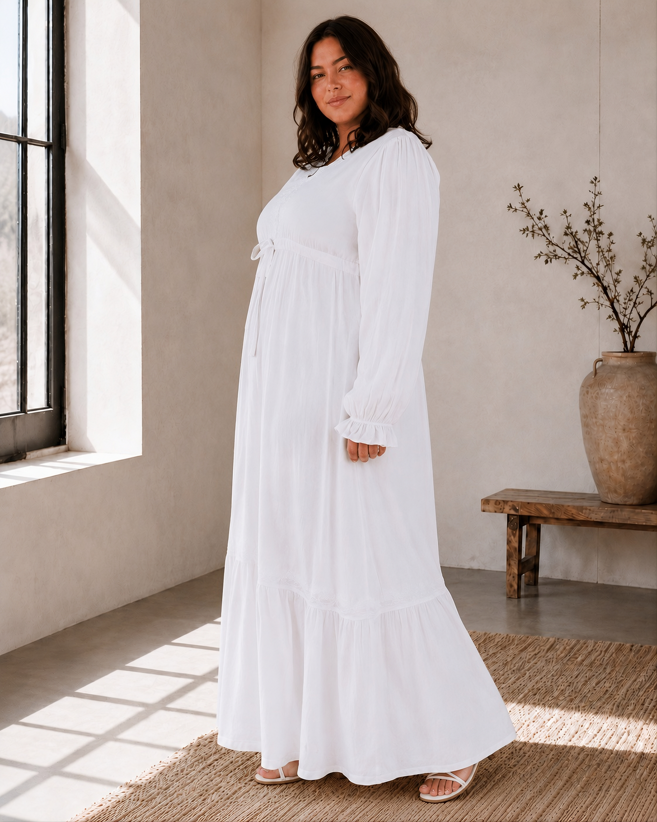 The Columbia River | Scalloped V-Neck Long Sleeve LDS Temple Dress