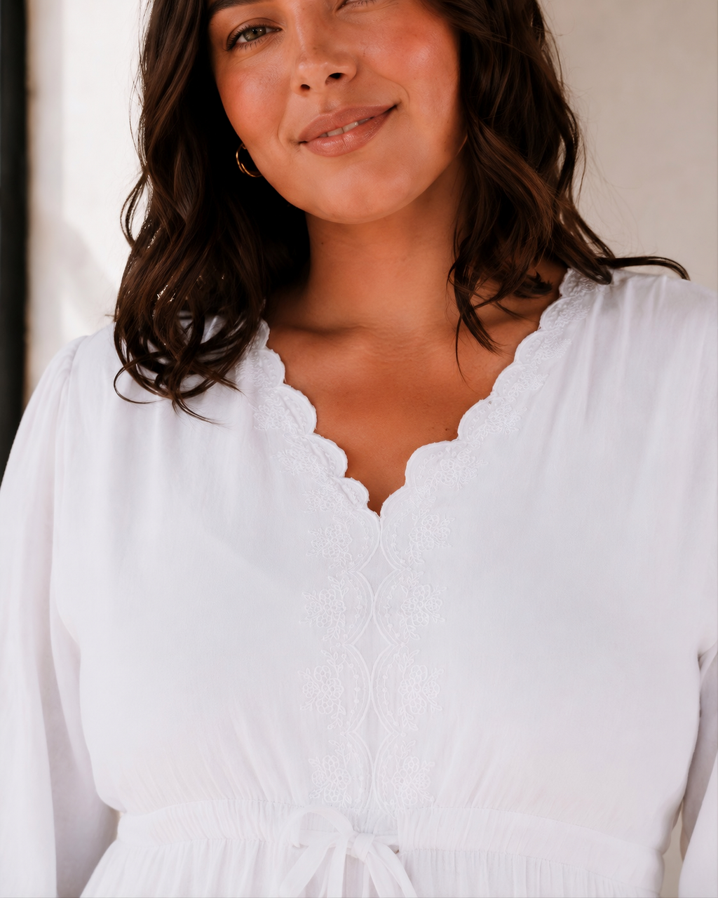 The Columbia River | Scalloped V-Neck Long Sleeve LDS Temple Dress